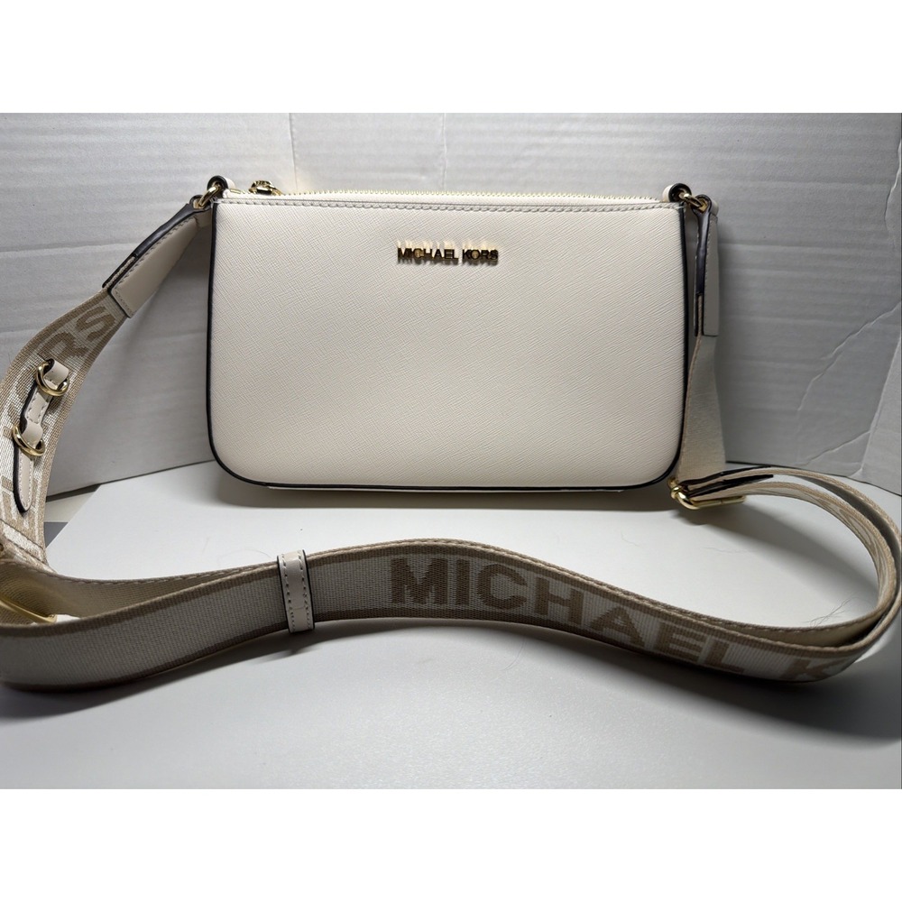 Michael Kors Cream Phone Wallet Crossbody Bag, Logo Strap, Zip, Gold HW P23